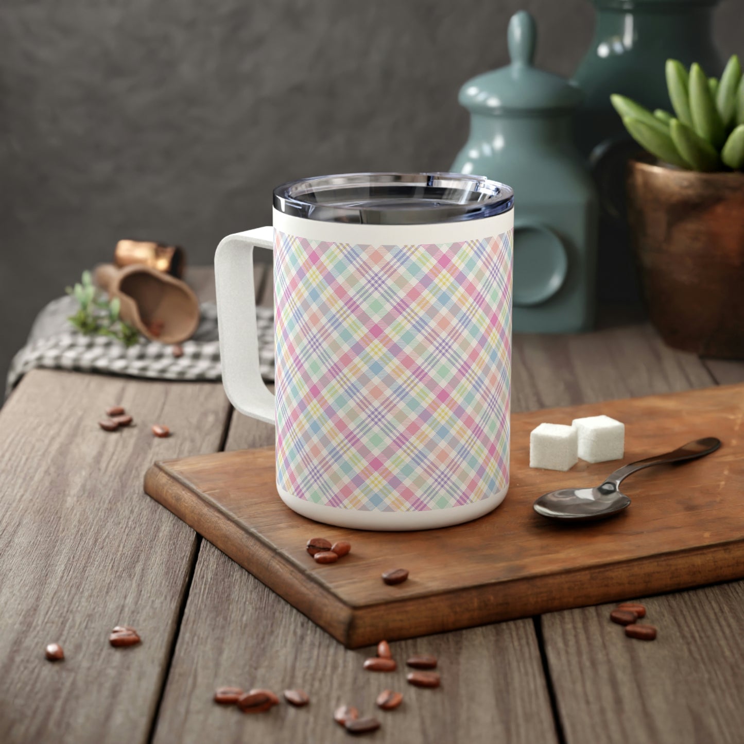 Pastel Plaid Insulated Coffee Mug, 10oz