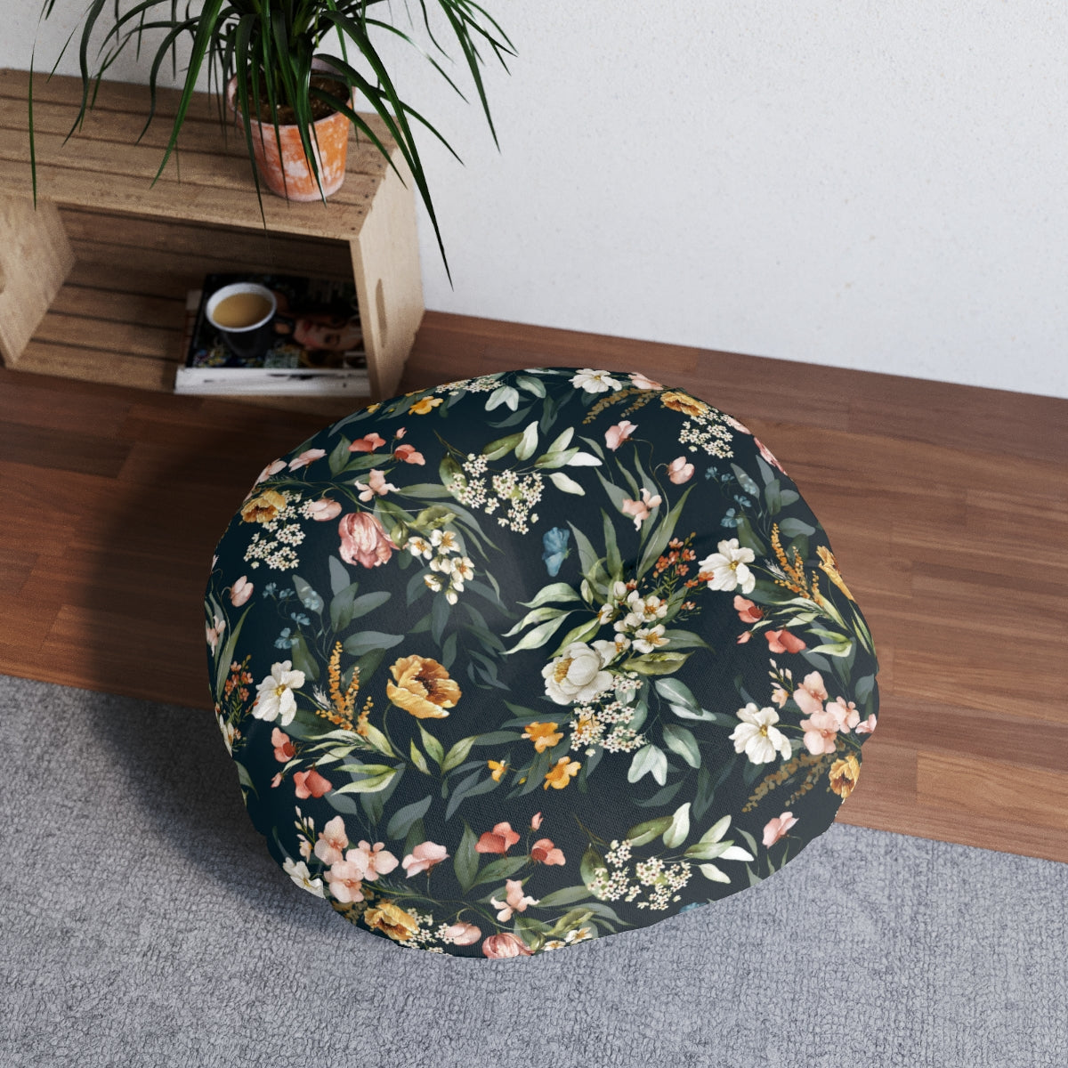 Watercolor Flowers Tufted Floor Pillow, Round