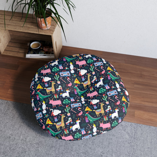 Christmas Animals Tufted Floor Pillow, Round