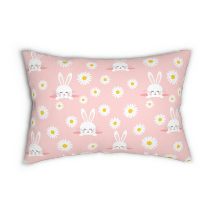 Smiling Bunnies and Daisies Spun Polyester Lumbar Pillow