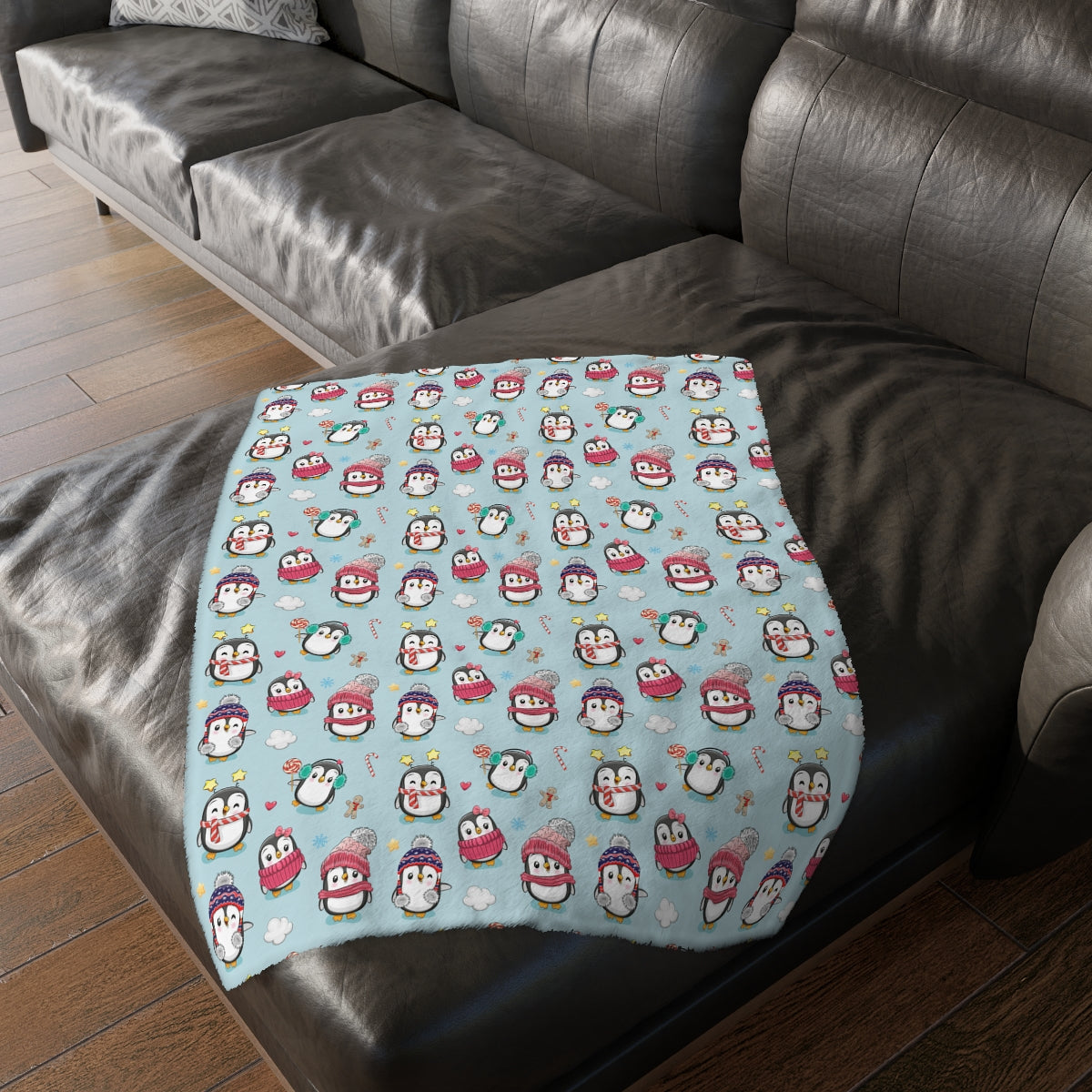 Penguins in Winter Clothes Velveteen Minky Blanket (Two-sided print)
