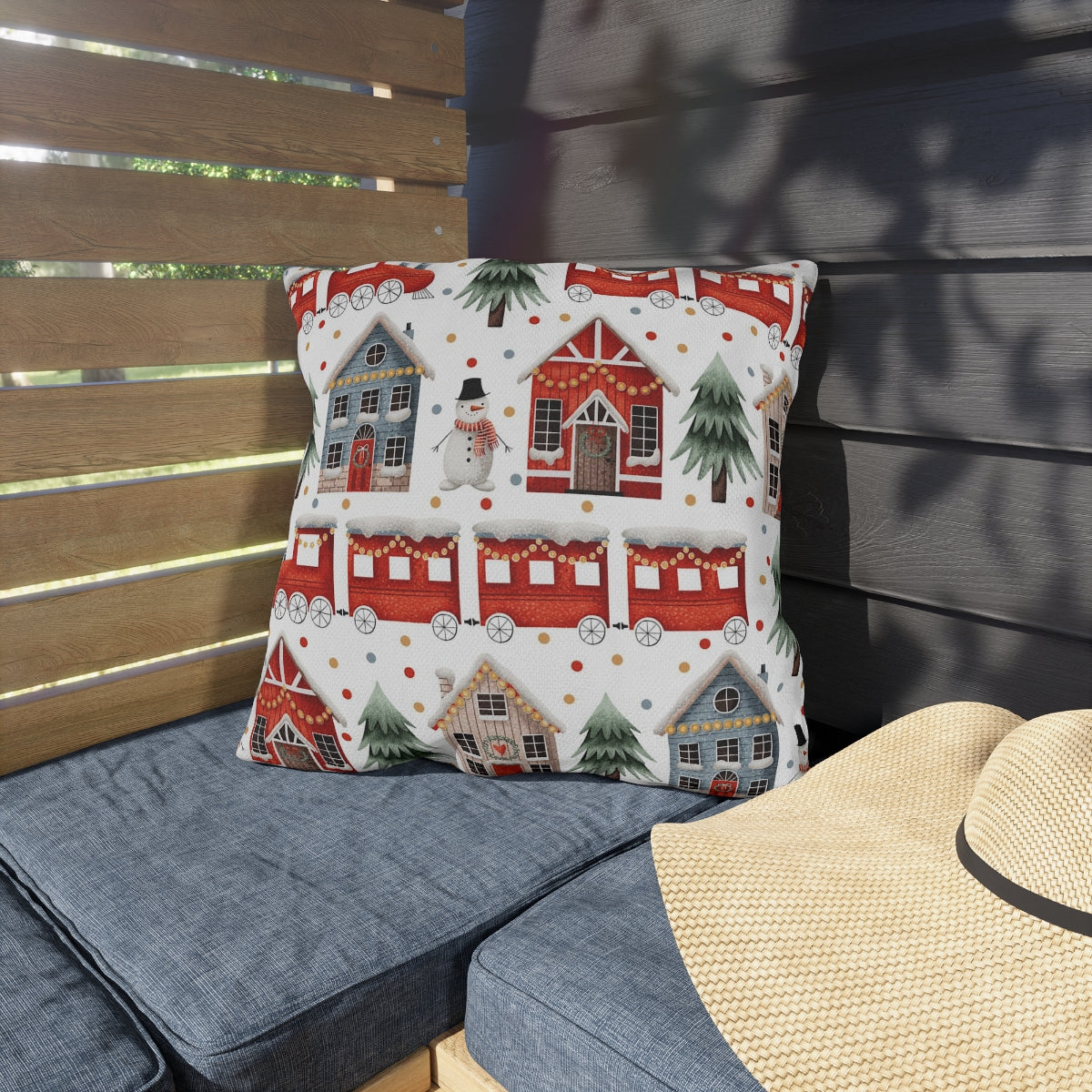 Christmas Trains and Houses Outdoor Pillow
