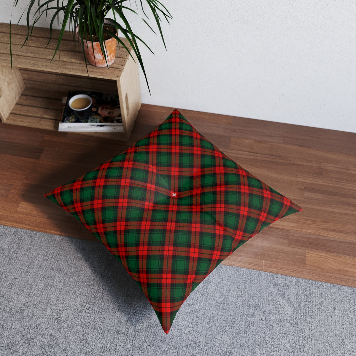 Red and Green Tartan Plaid Tufted Floor Pillow, Square