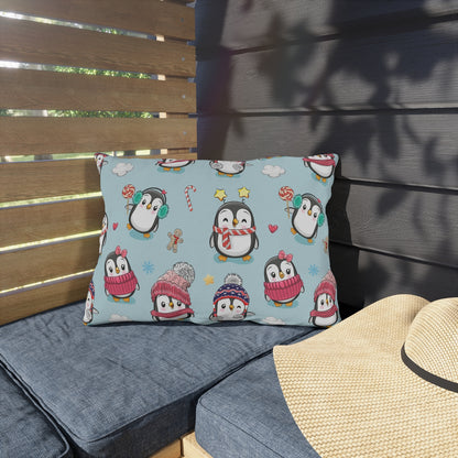 Penguins in Winter Clothes Outdoor Pillow