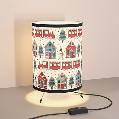 Christmas Trains and Houses Tripod Lamp with High-Res Printed Shade