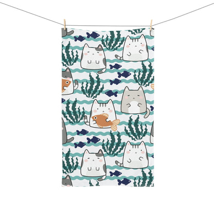Kawaii Cats and Fishes Hand Towel