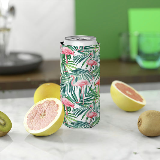 Pink Flamingos and Palm Leaves Slim Can Cooler