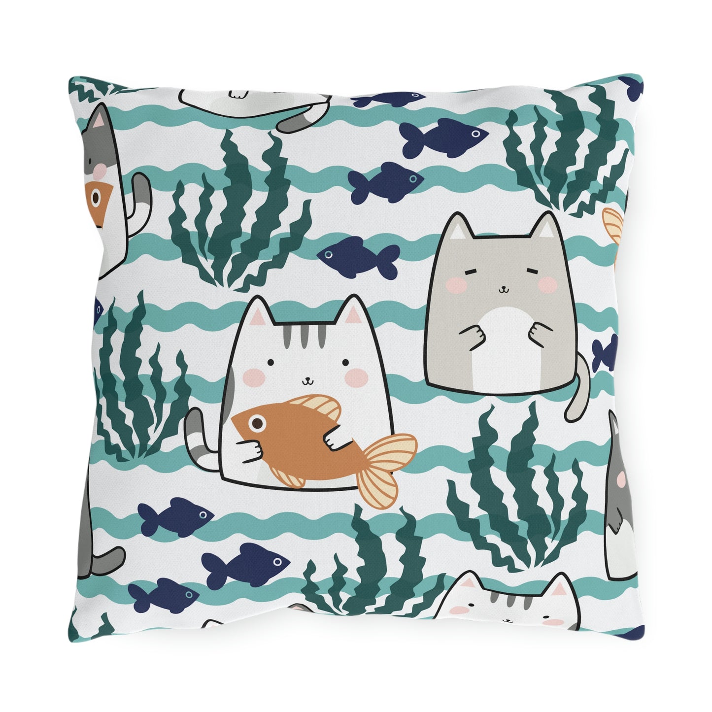 Kawaii Cats and Fishes Outdoor Pillow