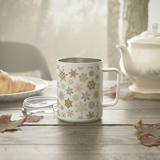 Gold and Silver Snowflakes Insulated Coffee Mug, 10oz