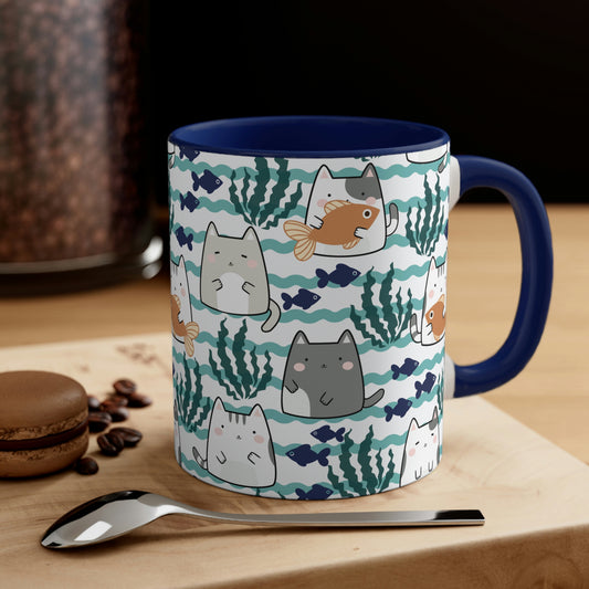 Kawaii Cats and Fishes Accent Coffee Mug, 11oz