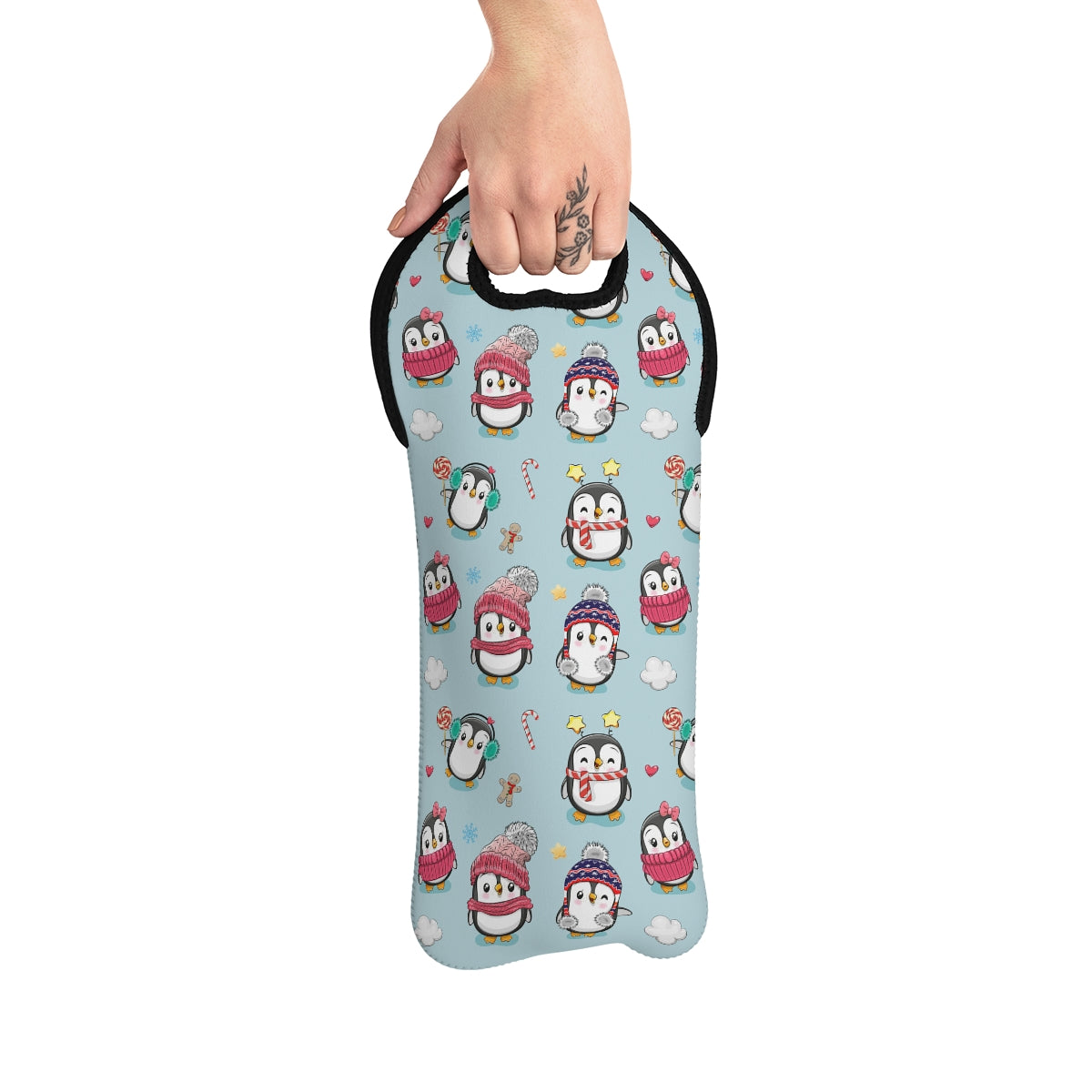 Penguins in Winter Clothes Wine Tote Bag