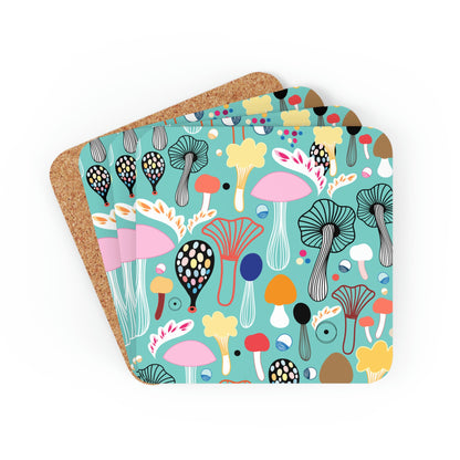 Colorful Mushrooms Corkwood Coaster Set
