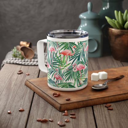Pink Flamingos and Palm Leaves Insulated Coffee Mug, 10oz