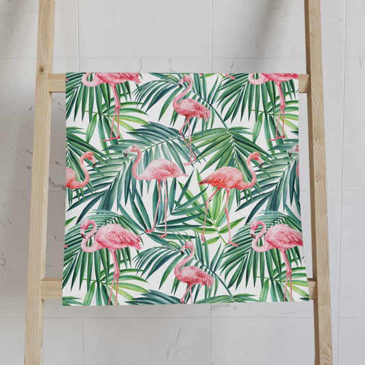 Pink Flamingos and Palm Leaves Hand Towel