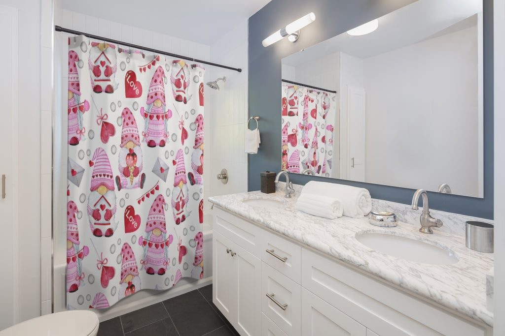 Gnomes and Hearts Fabric Shower Curtains