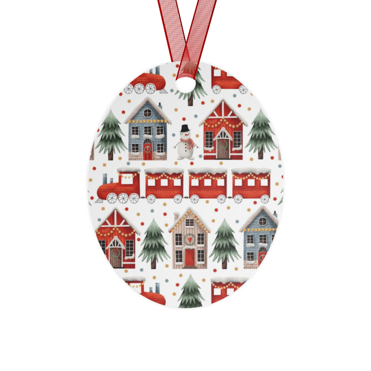 Christmas Trains and Houses Metal Ornament