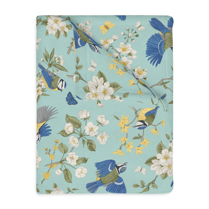 Chinoiserie Birds and Flowers Velveteen Minky Blanket (Two-sided print)