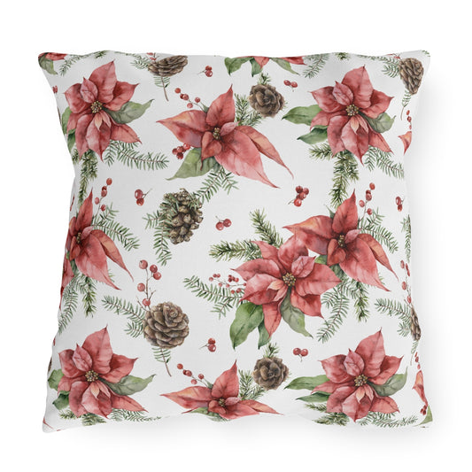 Poinsettia and Pine Cones Outdoor Pillow
