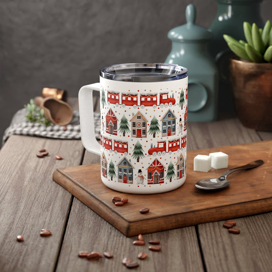 Christmas Trains and Houses Insulated Coffee Mug, 10oz