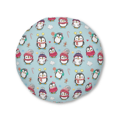 Penguins in Winter Clothes Round Tufted Floor Pillow
