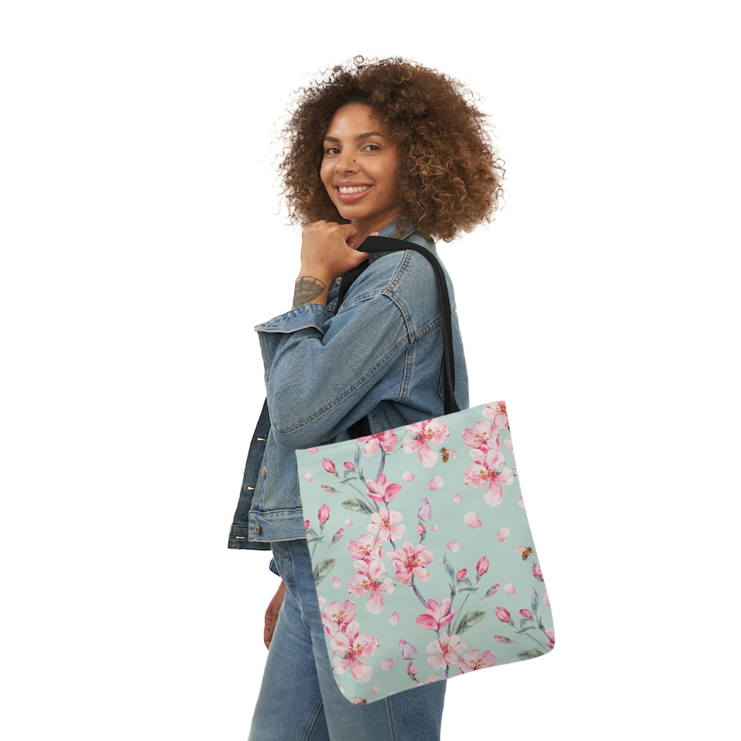 Cherry Blossoms and Honey Bees Polyester Canvas Tote Bag