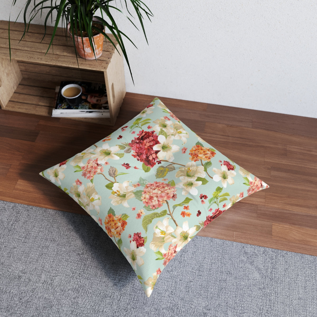 Autumn Hortensia and Lily Flowers Tufted Floor Pillow, Square