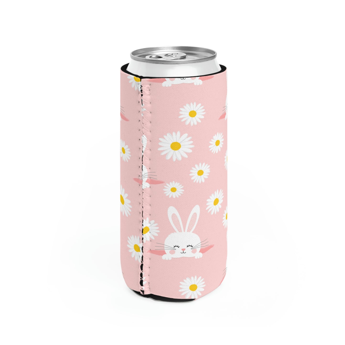 Smiling Bunnies and Daisies Slim Can Cooler