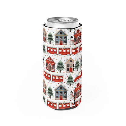 Christmas Trains and Houses Slim Can Cooler