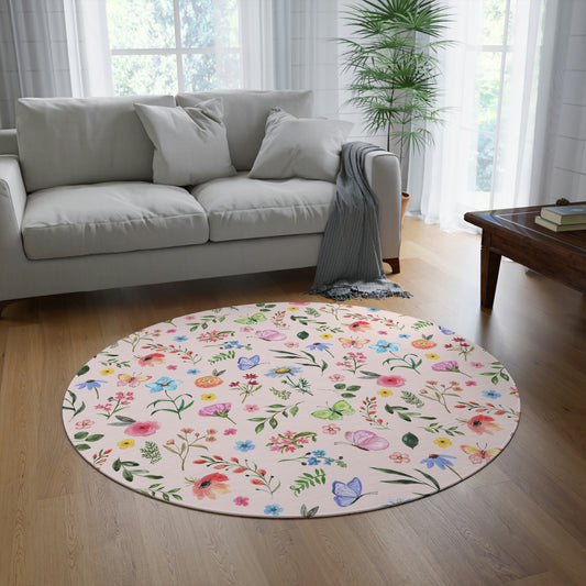 Spring Daisies and Butterflies Round Rug