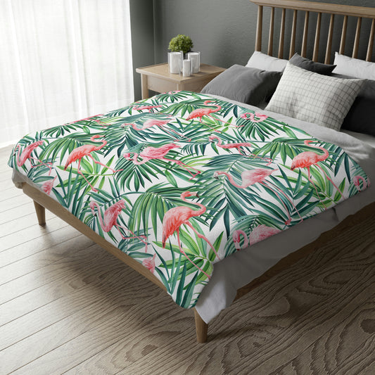 Pink Flamingos and Palm Leaves Velveteen Minky Blanket (Two-sided print)