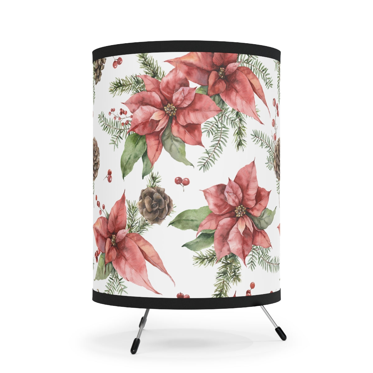 Poinsettia and Pine Cones Tripod Lamp with High-Res Printed Shade