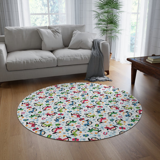 Penguins and Snowflakes Round Rug