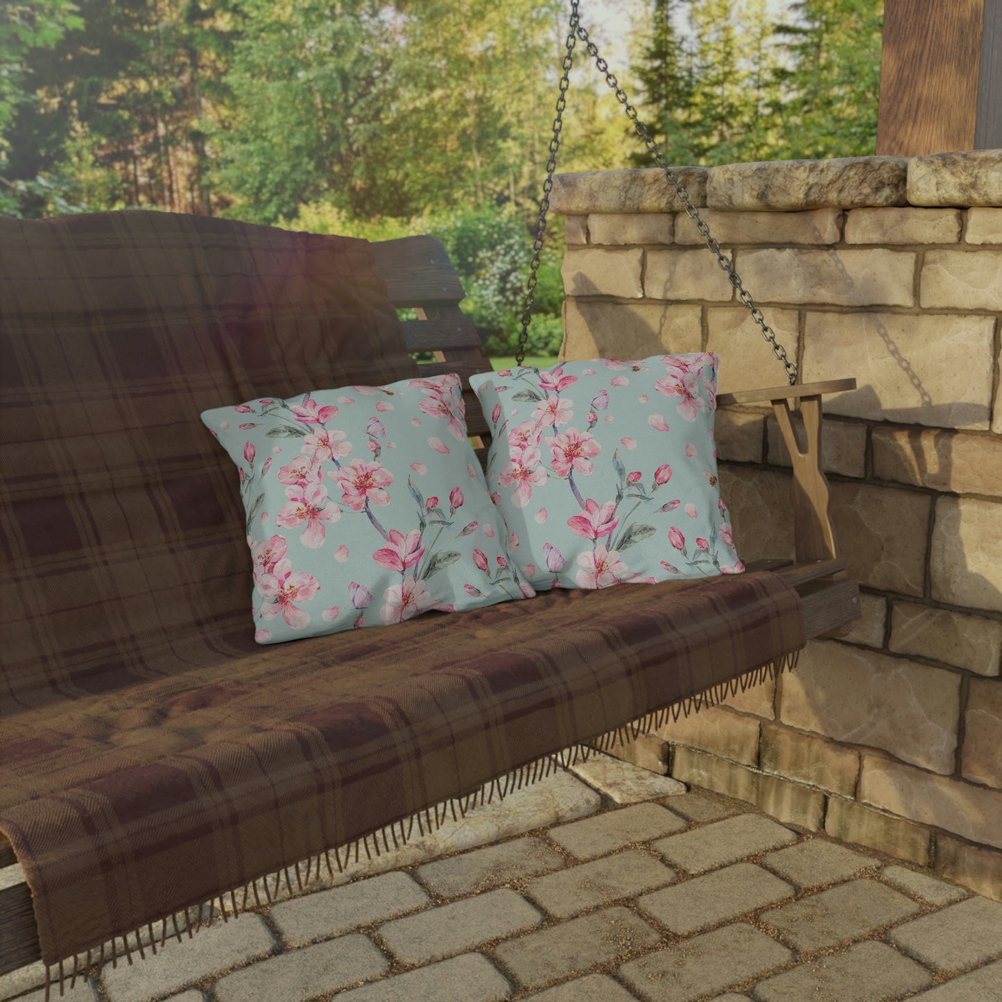 Cherry Blossoms and Honey Bees Outdoor Pillow