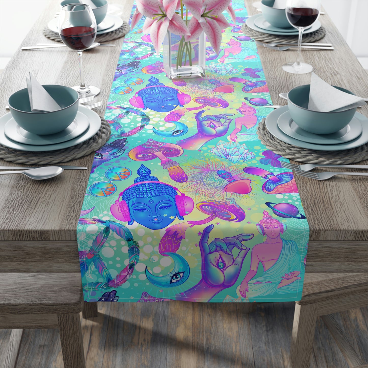 Buddha and Mushrooms Table Runner (Cotton, Poly)