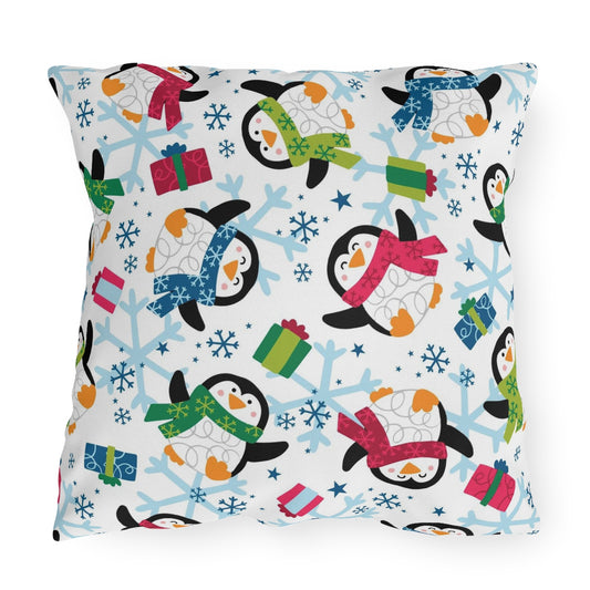 Penguins and Snowflakes Outdoor Pillow