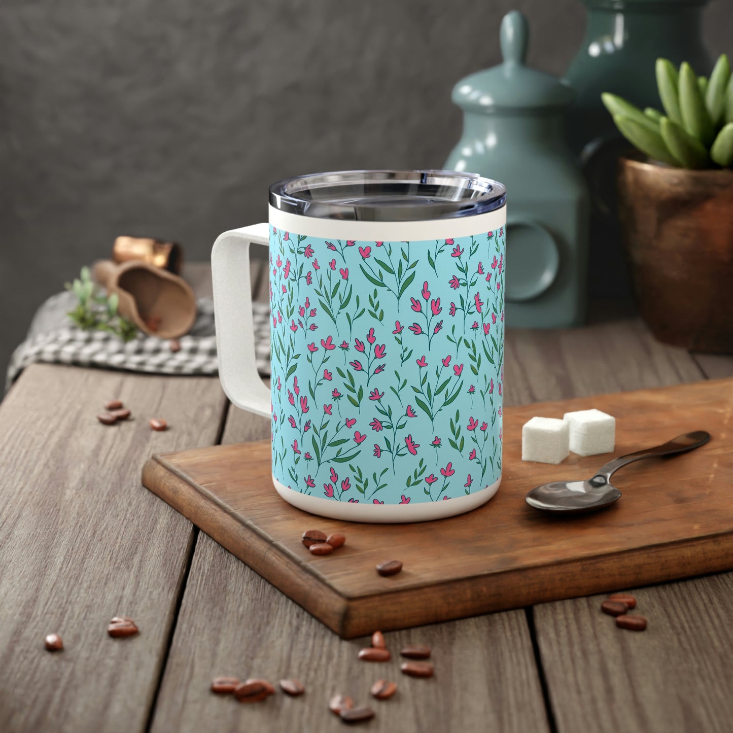 Bright Pink Flowers Insulated Coffee Mug, 10oz