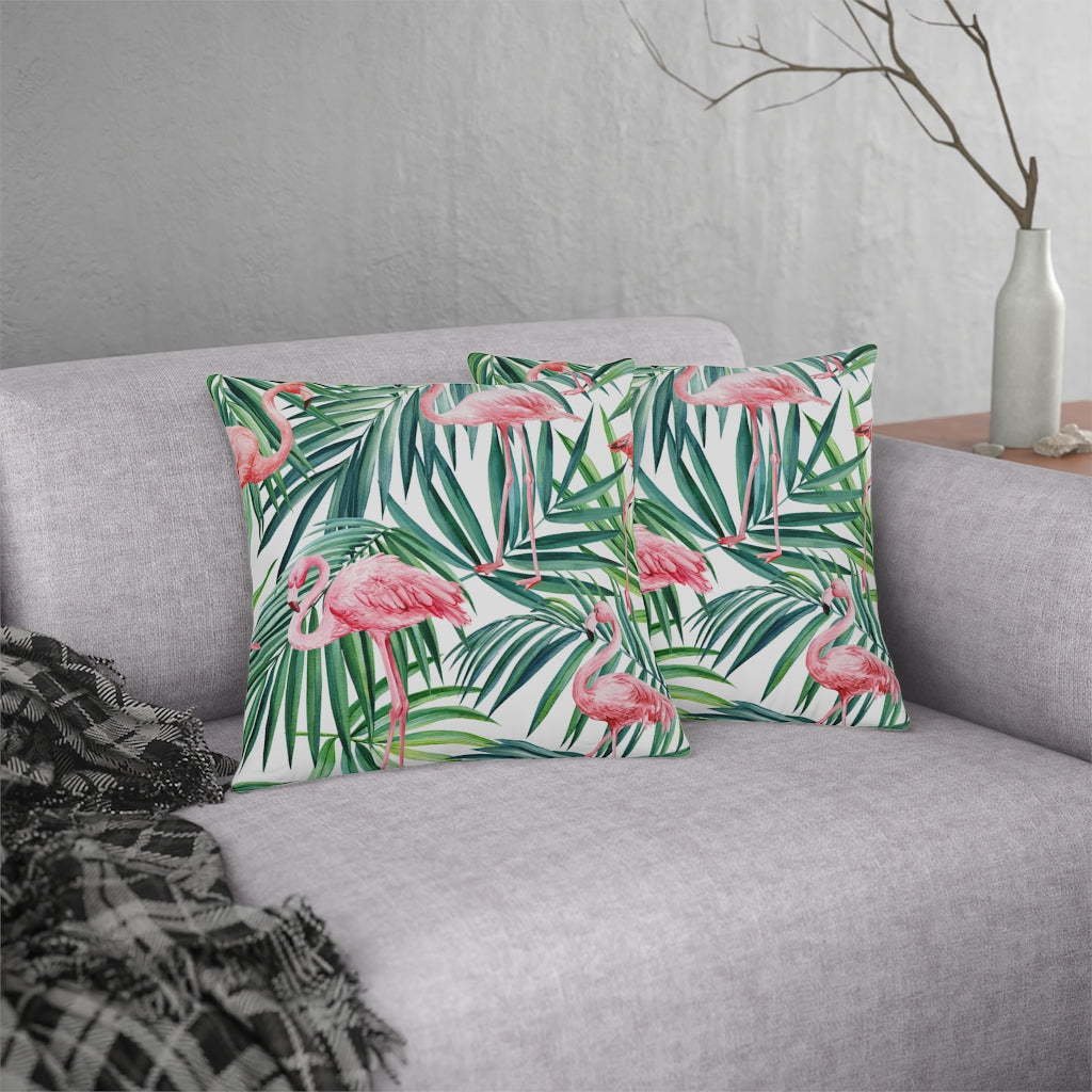 Pink Flamingos and Palm Leaves Outdoor Pillow