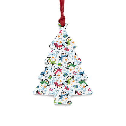 Penguins and Snowflakes Wood Ornament