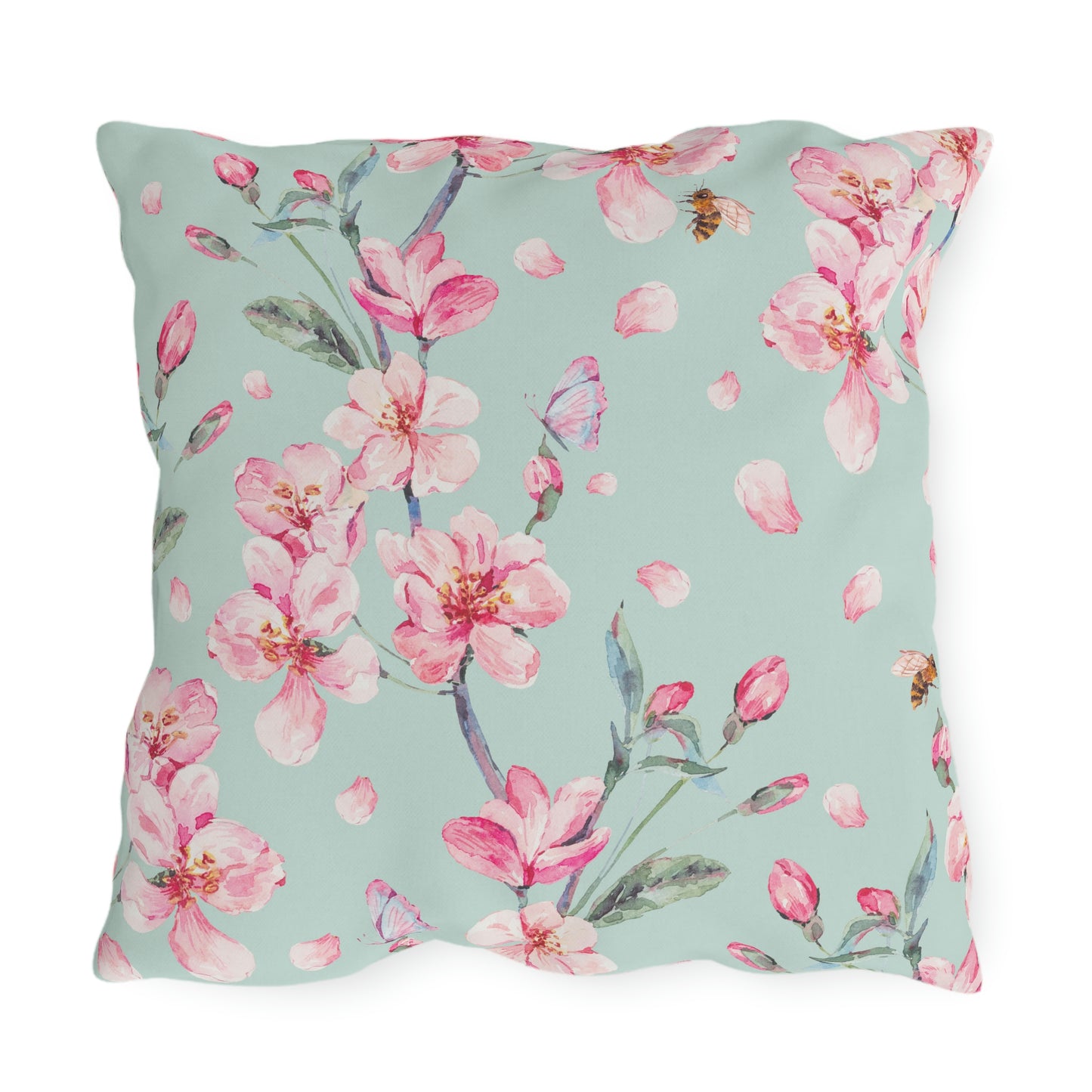 Cherry Blossoms and Honey Bees Outdoor Pillow