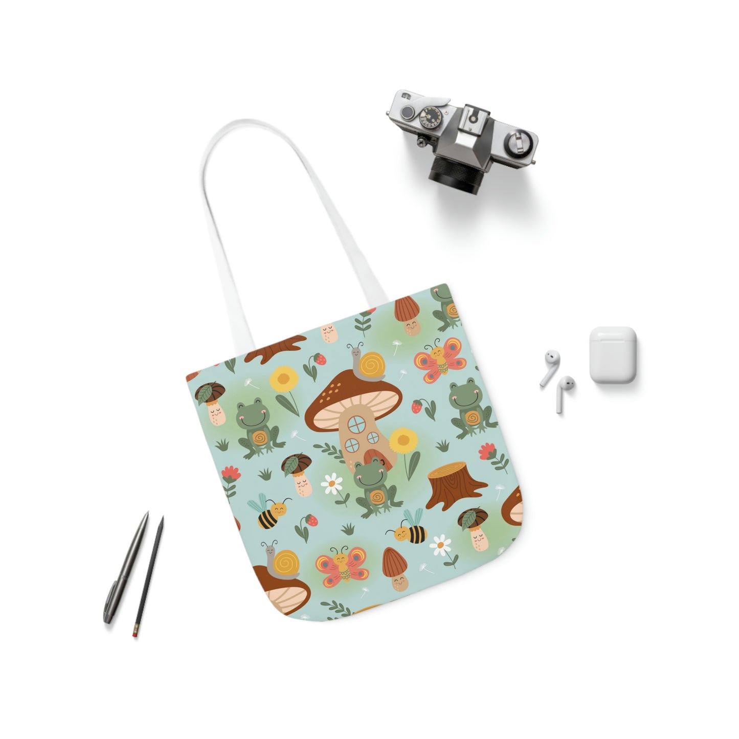 Frogs and Mushrooms Polyester Canvas Tote Bag