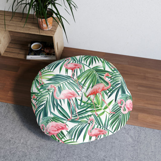 Pink Flamingos and Palm Leaves Tufted Floor Pillow, Round