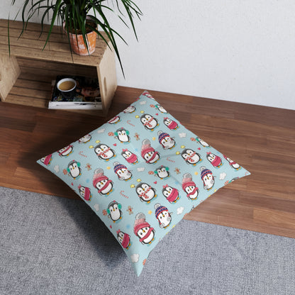 Penguins in Winter Clothes Square Tufted Floor Pillow
