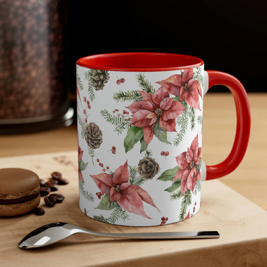 Poinsettia and Pine Cones Accent Coffee Mug, 11oz