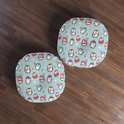 Penguins in Winter Clothes Round Tufted Floor Pillow