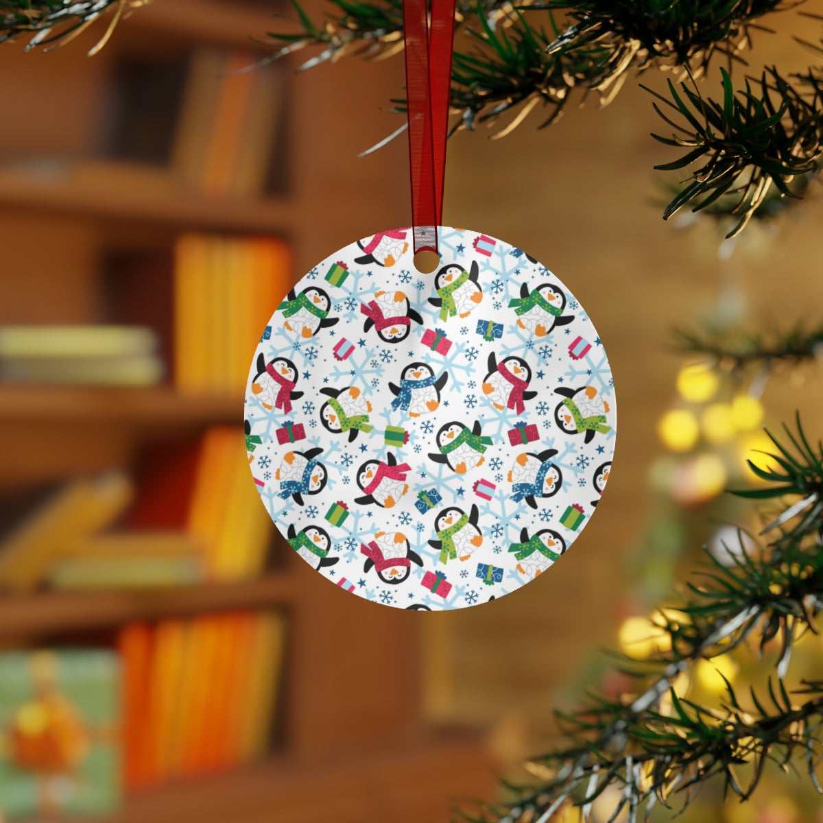Penguins and Snowflakes Metal Ornament