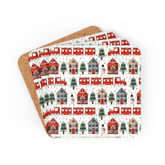 Christmas Trains and Houses Corkwood Coaster Set