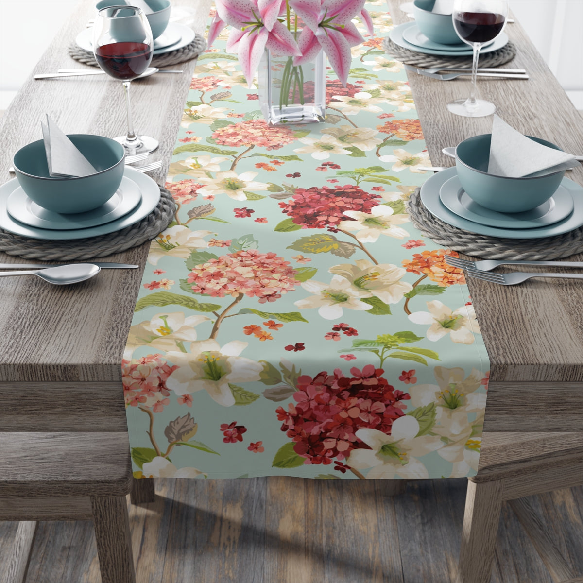 Autumn Hortensia and Lily Flowers Table Runner