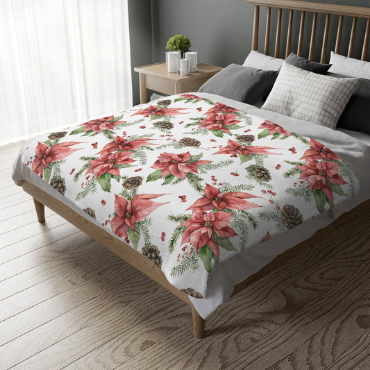 Poinsettia and Pine Cones Velveteen Minky Blanket (Two-sided print)