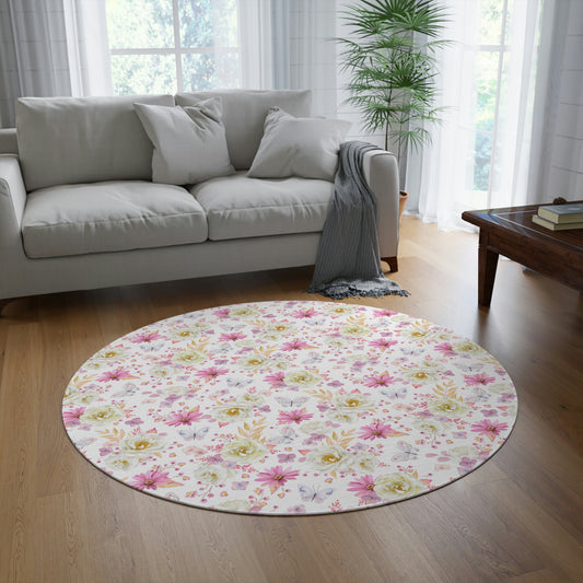 Spring Butterflies and Roses Round Rug