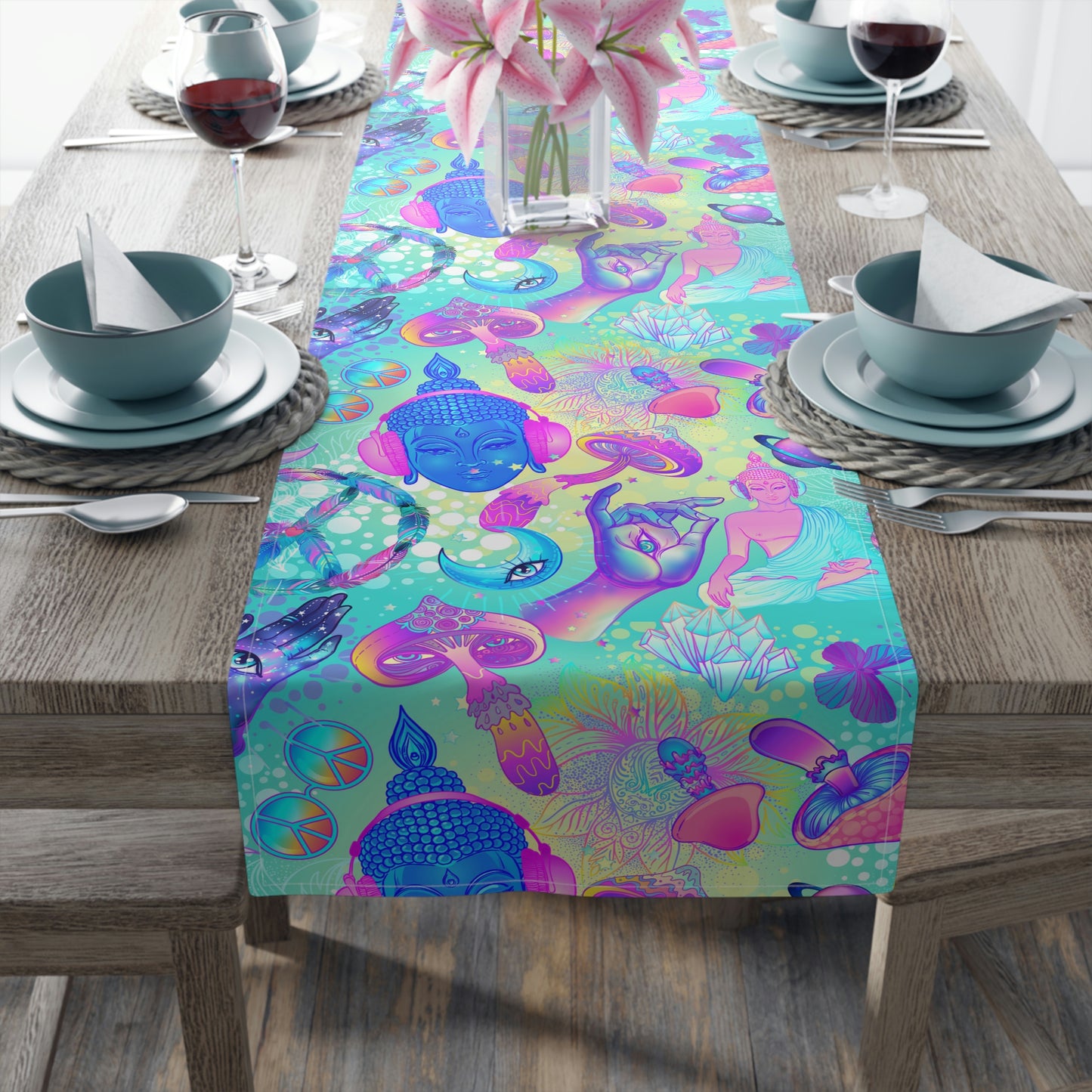 Buddha and Mushrooms Table Runner (Cotton, Poly)